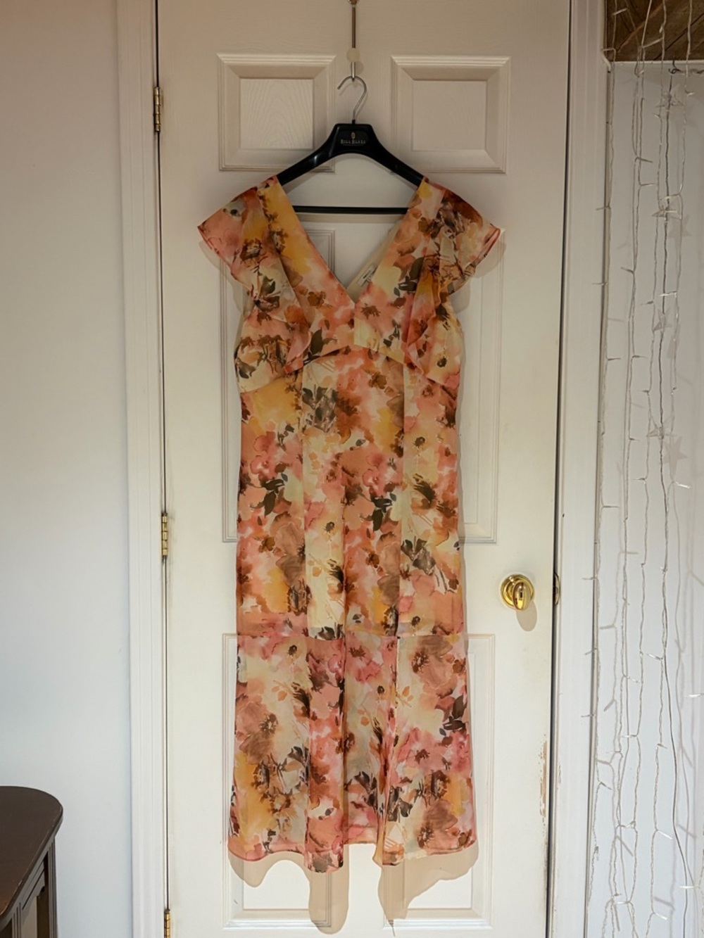 RW&CO. Peach Floral Midi Dress with V-Neck